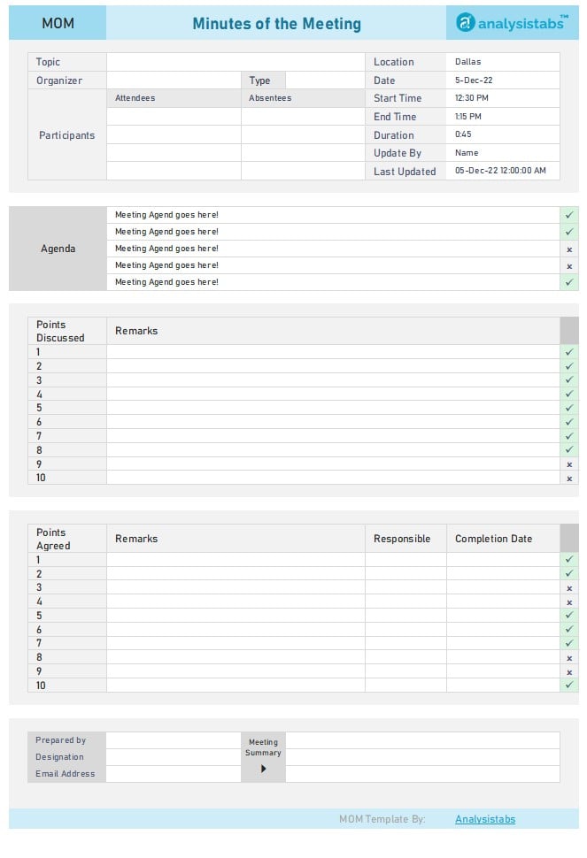 MOM Format: Minutes of Meeting Excel Template - Free Download