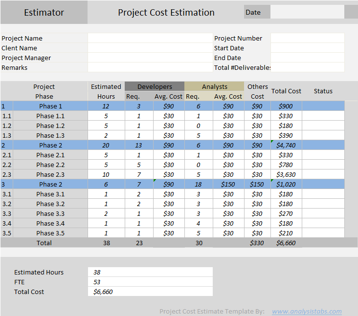 estimation template excel