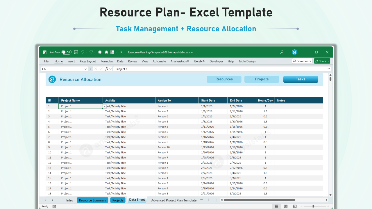 Excel Resource Allocation Data Sheet with task assignments and daily hour tracking