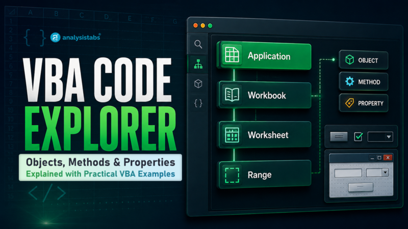VBA Code Explorer showing Application, Workbook, Worksheet and Range objects with methods, properties and UserForm controls.