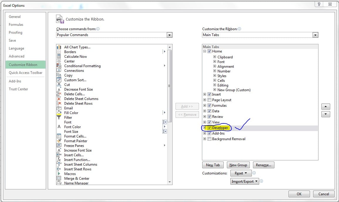 turn on developer tab excel 2017
